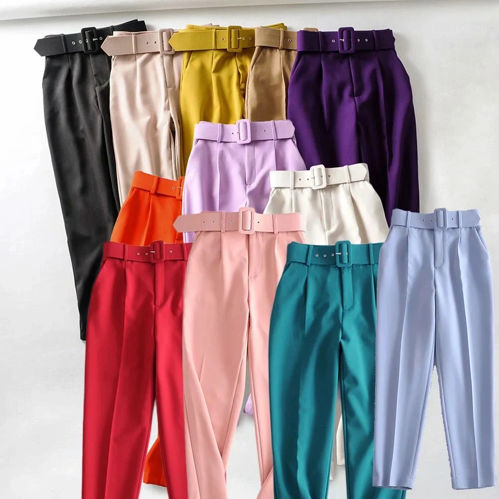 Wholesale Korea Women′s Candy Color Suit Trousers with Belt Solid Color Office Lady Business Ninth Pants Casual Ankle Pants