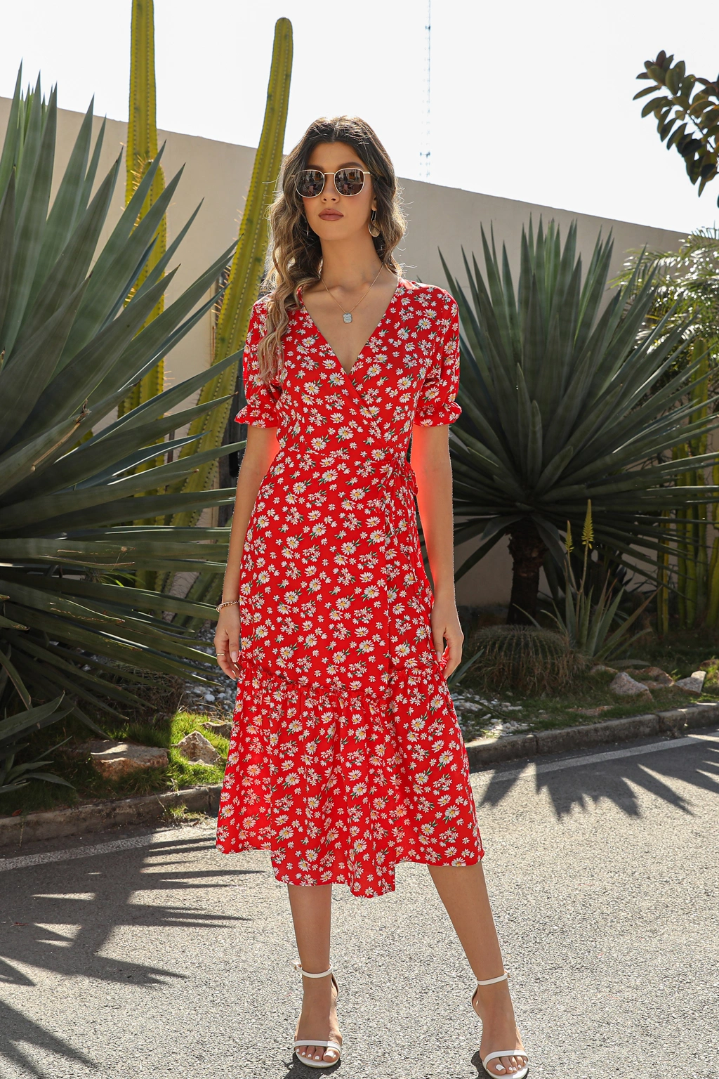 2023 European and American Women′s Summer New Sexy V-Neck Bohemian Beach Skirt Printed Commuter Chiffon Dress