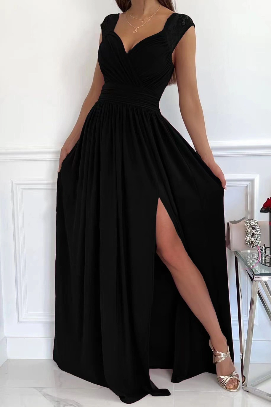 Fashion Slim Backlless Open Fork Hem Dresses Ladies Formal Elegant V Neck Sleeveless Maxi Dress