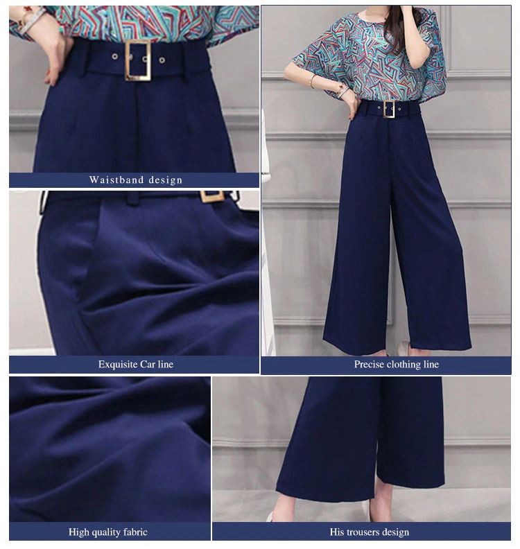 2016 New Design Blue Palazzo Trousers for Women Ladies Wide Leg Pants