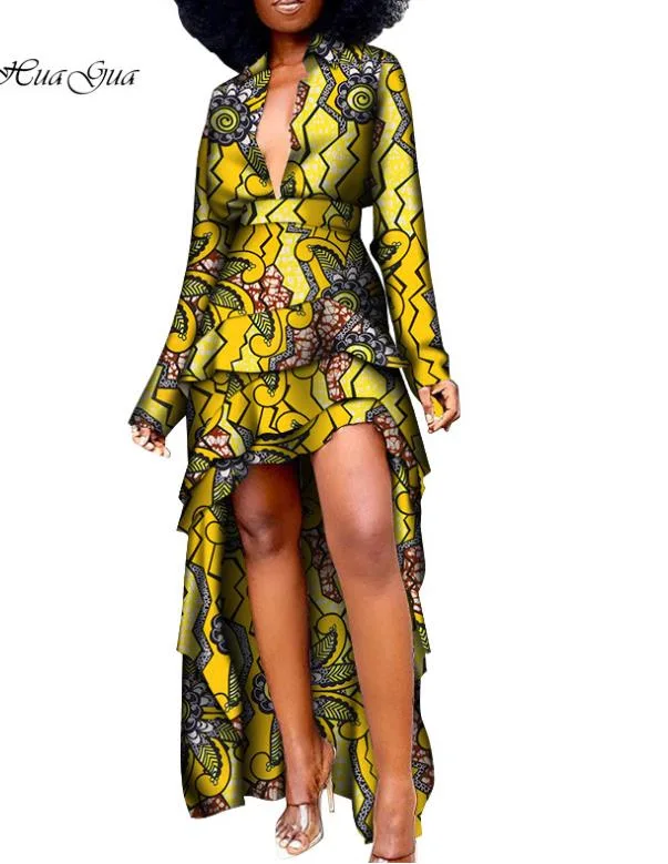 African Women Dress Long Dress Formal Dress Hi-Lo Sexy Dress Deep V-Neck Long Sleeve Wax Print Dress