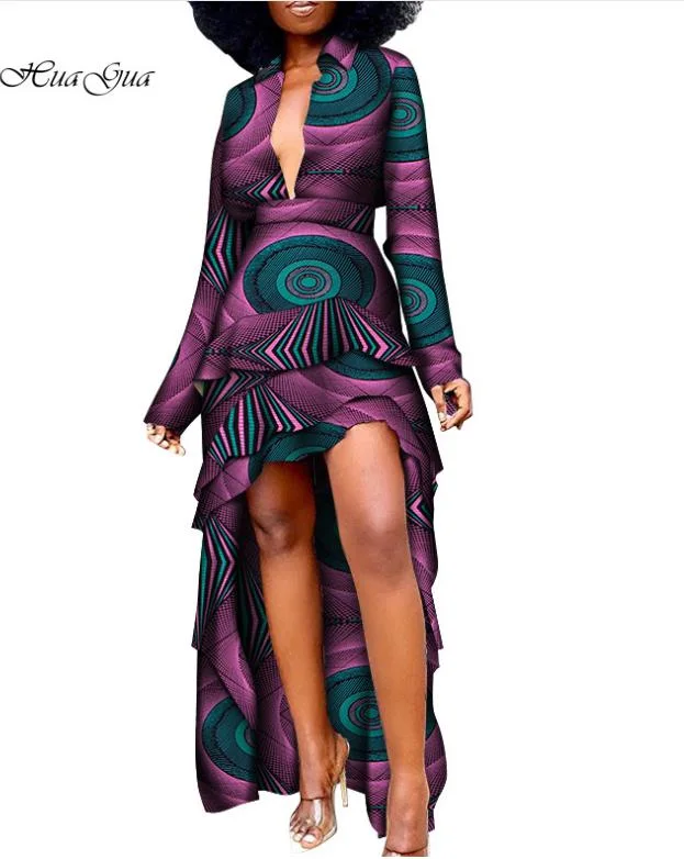 African Women Dress Long Dress Formal Dress Hi-Lo Sexy Dress Deep V-Neck Long Sleeve Wax Print Dress