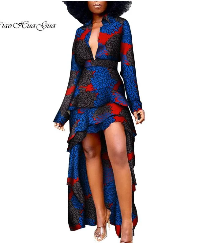 African Women Dress Long Dress Formal Dress Hi-Lo Sexy Dress Deep V-Neck Long Sleeve Wax Print Dress