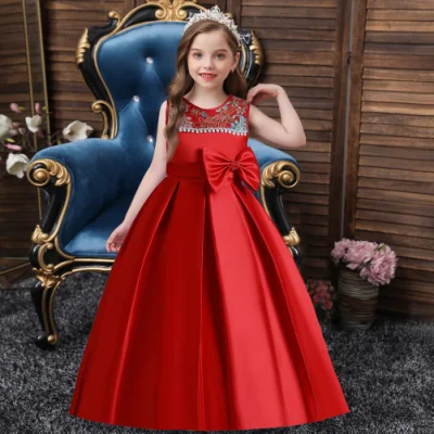 Nova roupa estilo princesa infantil laço para menina bordado com contas vestido de performance de palco